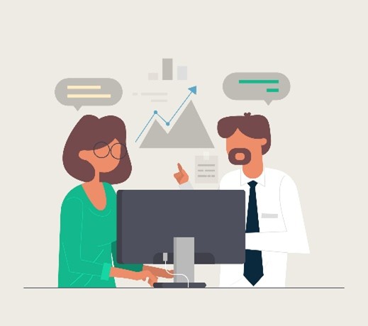Illustration von zwei Personen am Computer mit Diagramm und Sprechblasen im Hintergrund 