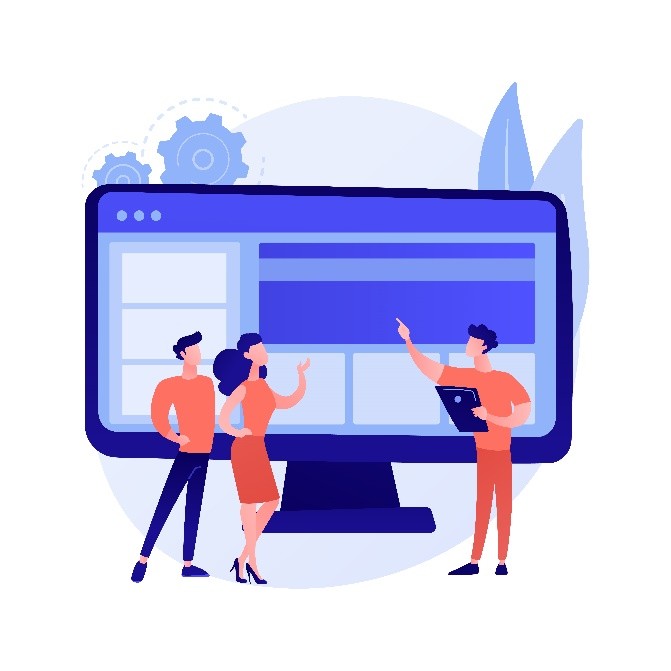 Team arbeitet an Gestaltung und Entwicklung einer Softwareoberfläche am Bildschirm.
