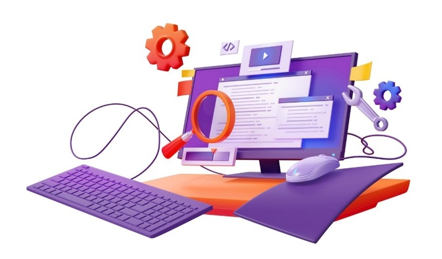 Digitale Illustration mit Computer, Suchsymbol und Zahnrädern für Analyse und Optimierung von Anwendungen 